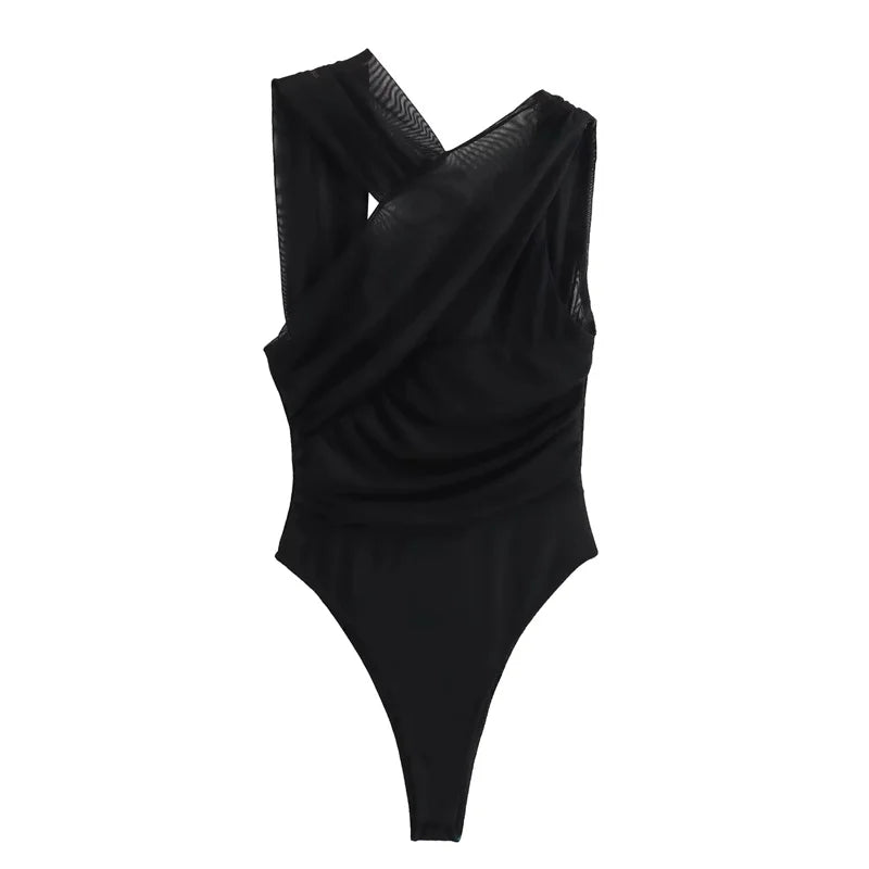 Black one-piece swimsuit on a white background