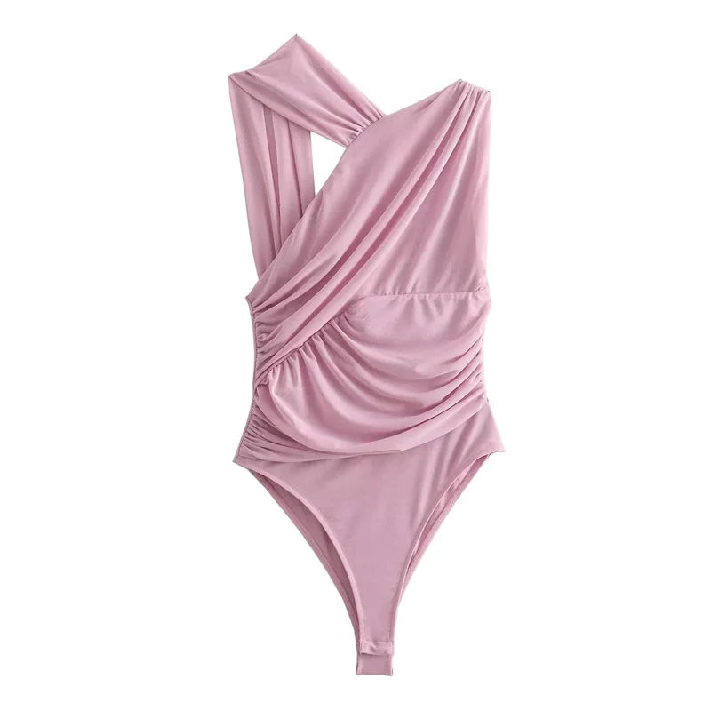 Pink one-piece swimsuit on a white background