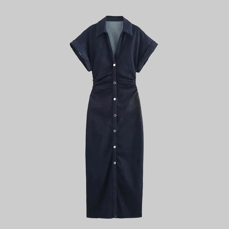 Denim Midi Dress for Women – Casual Ruched Short Sleeve