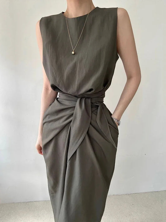 Elegant Round Neck Slimming Waist Twisted Tie Vest Dress
