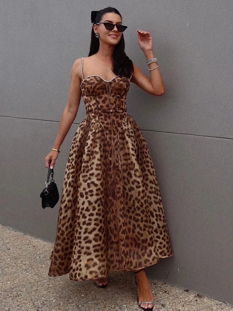 Leopard Print Long Bodycon Dress – Spaghetti Strap Crystal Beaded
