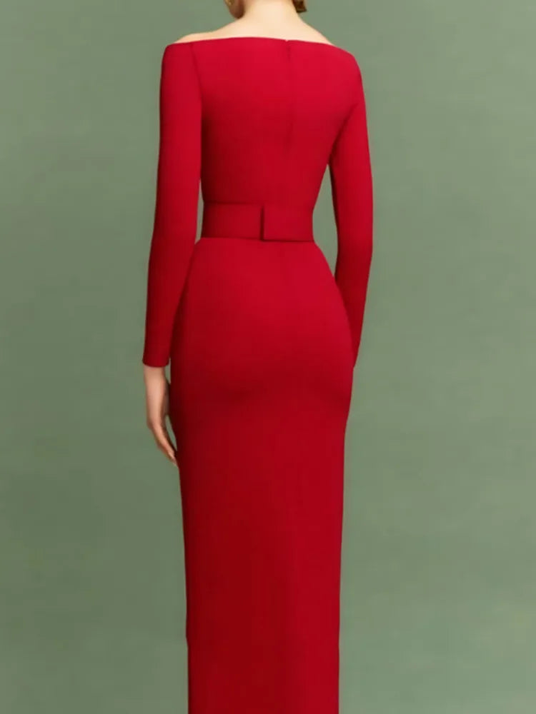 Elegant Red Off-Shoulder Satin Dress | Long Sleeve Form-Fitting