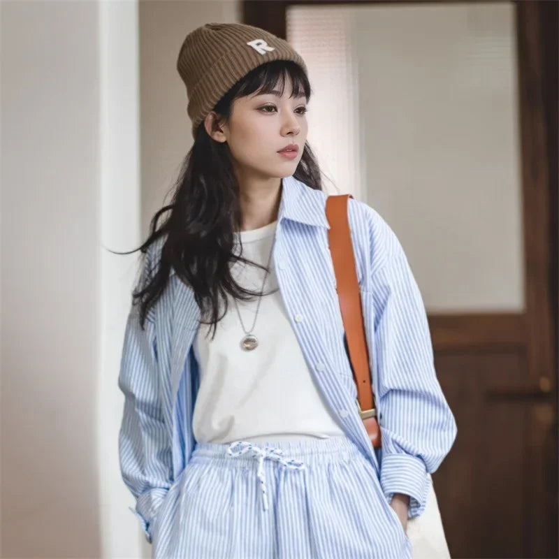 Women’s French Classic Striped Shirt – White Lapel Blouse