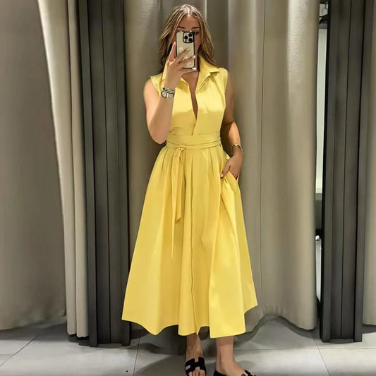 Yellow Shirt Dress | Sleeveless Belted Button-Up Long Dress
