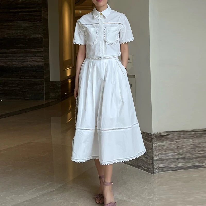 High Waist Flared Skirt & Pearl Embellished Ruffle Collar Top