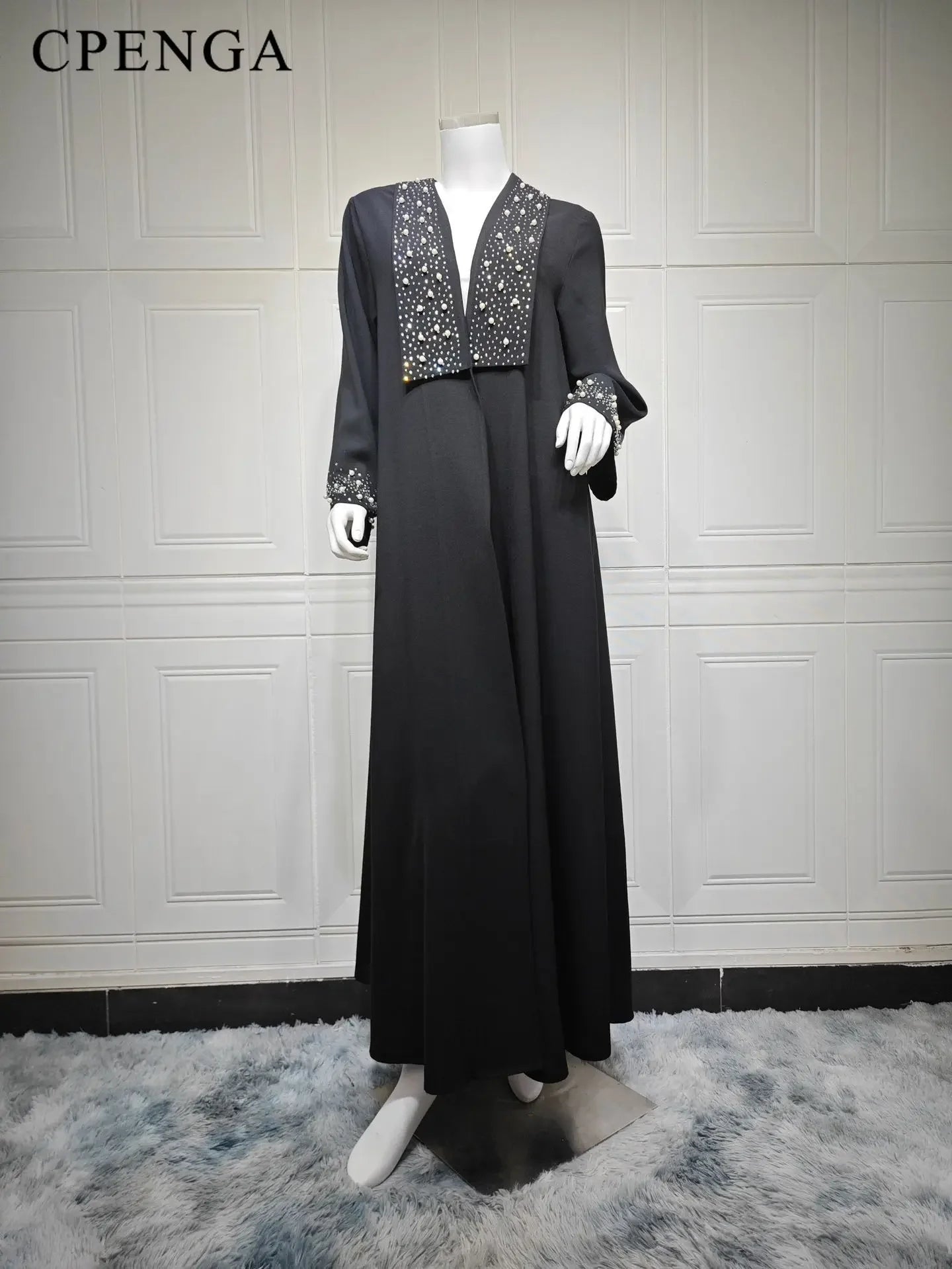 2024 Dubai Women Pearl Black Abaya Dress Luxury Ramadan Arabic Muslim Modest Cardigan Islamic Coat Fashion Turkey Solid Robe