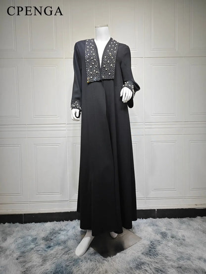 2024 Dubai Women Pearl Black Abaya Dress Luxury Ramadan Arabic Muslim Modest Cardigan Islamic Coat Fashion Turkey Solid Robe