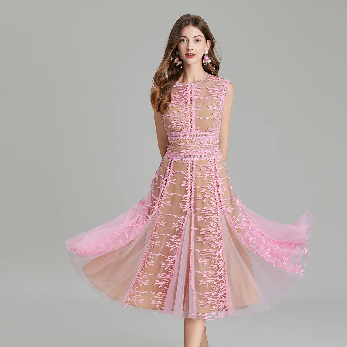 Luxury Mesh Embroidered Flower Midi Dress – Women’s Sleeveless O-Neck Lace