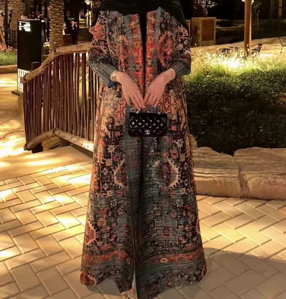 Women’s Long Coat | Printed Muslim Abaya with Waist Belt