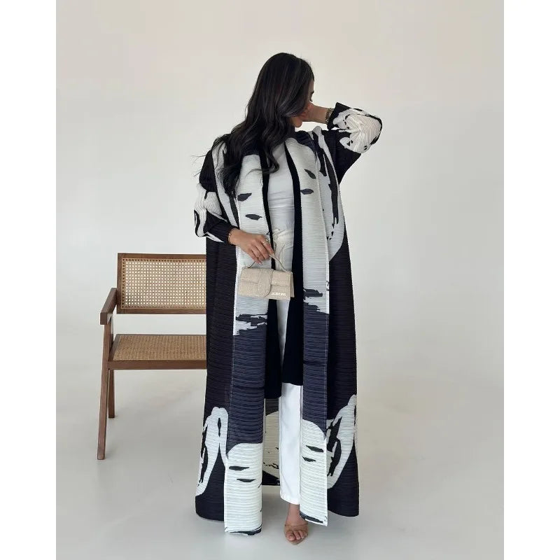 Pleated Long Trench Coat | Elegant Cape-Print Robe Coat