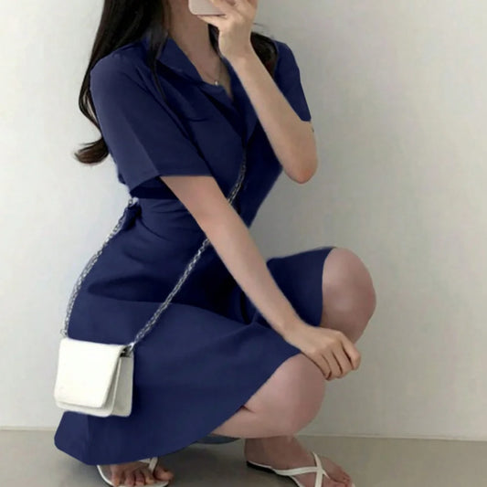 2025 JHJN Pullover Solid Color Short Sleeve Skirt Women's Clothing Summer Head Up Button Casual Sports Vacation Sweet Dresses
