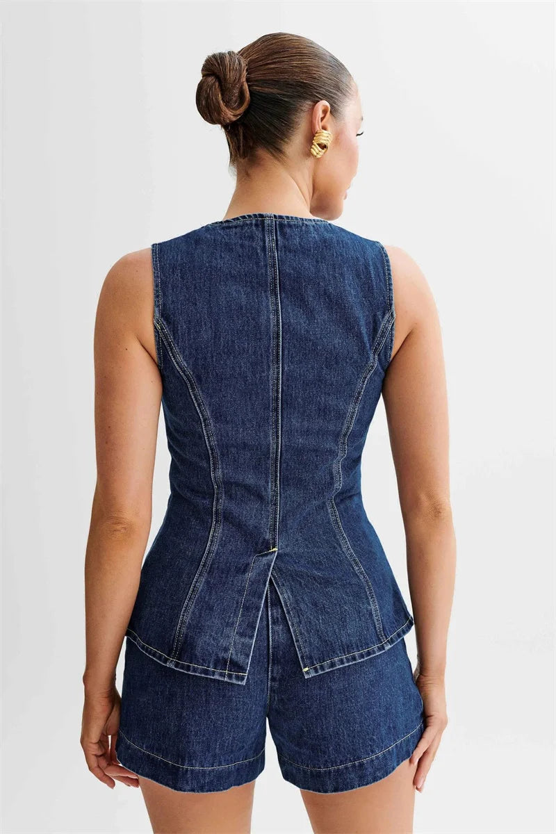 Sleeveless O-Neck Vest Top & High Waist Wide Leg Shorts Set