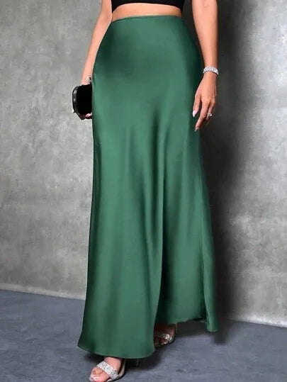 Elegant Satin High Waisted Maxi Skirt | A Line Long Skirts