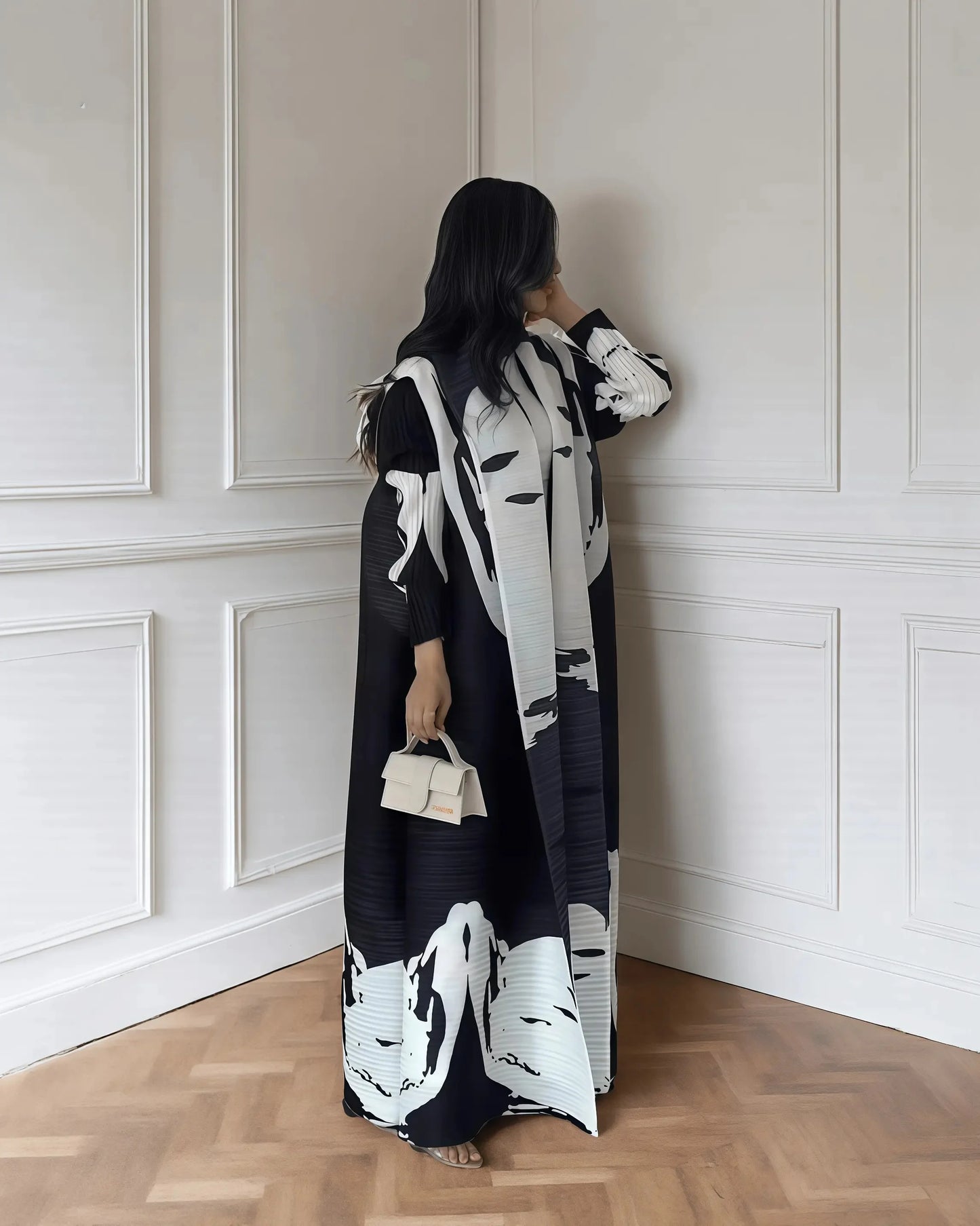Women’s Long Coat | Printed Muslim Abaya with Waist Belt