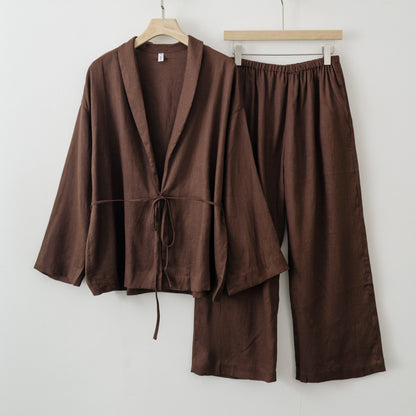 2025 Summer Women Linen Kimono Blouse Pants sets