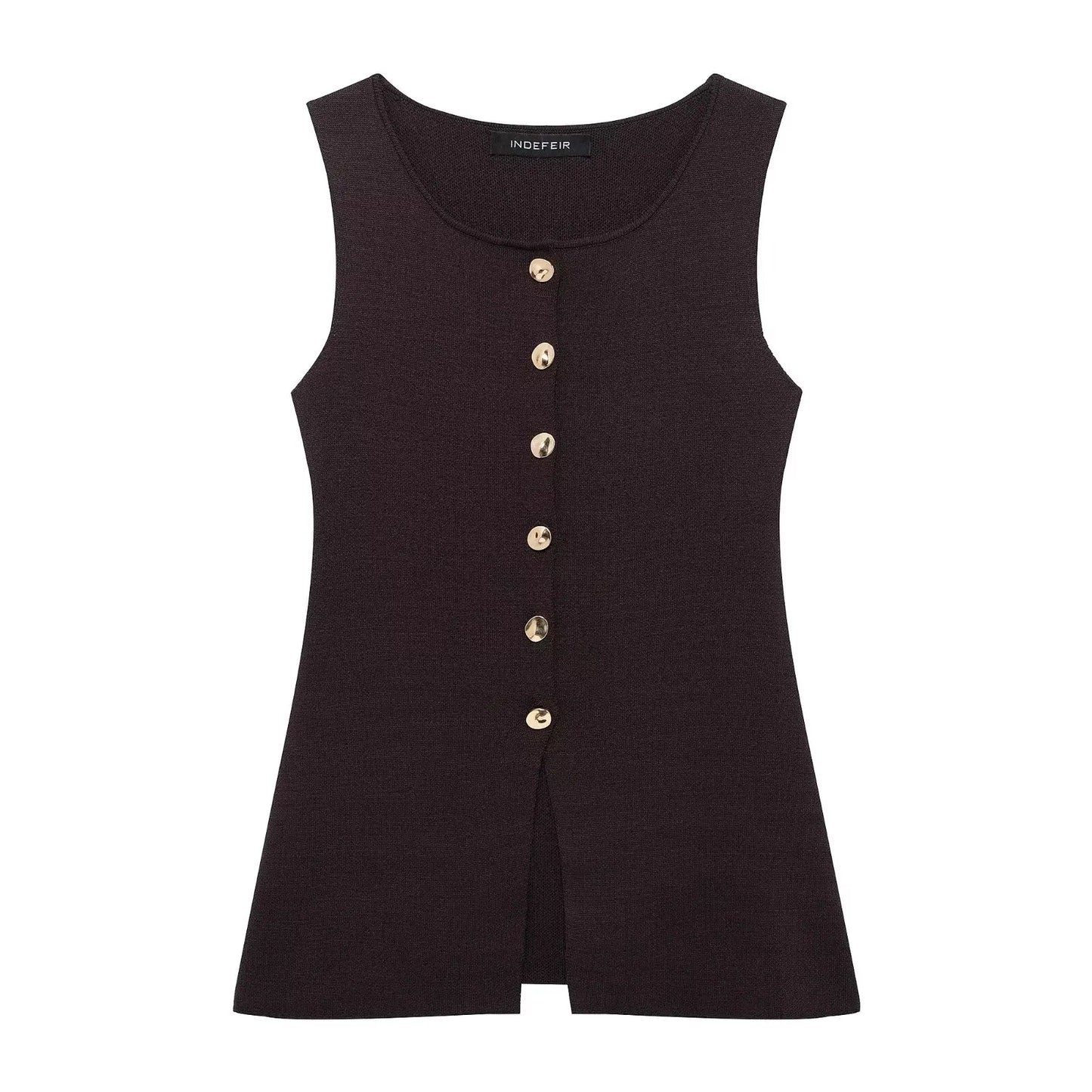 سترة نسائية محبوكة | توب صيفي بدون أكمام برقبة دائرية مع أزرار