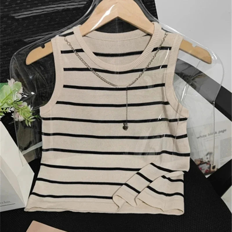 Elegant Knit Vest Cardigan for Women – Striped Office Lady Sweater