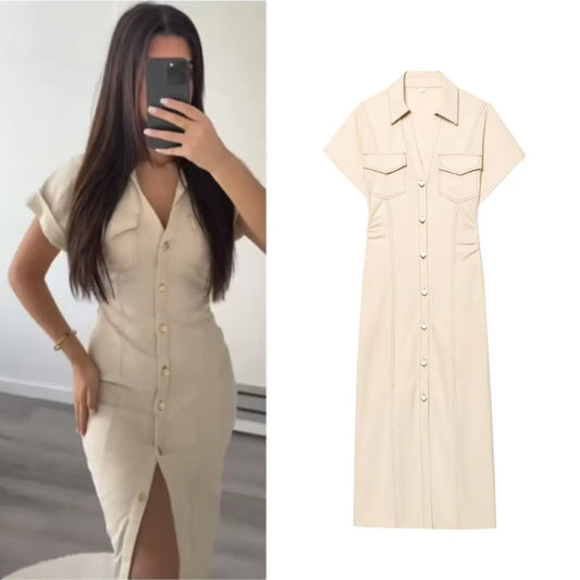 Denim Midi Dress – Elegant V-Neck Pleated Waist Short Sleeve
