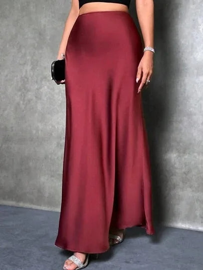 Elegant Satin High Waisted Maxi Skirt | A Line Long Skirts
