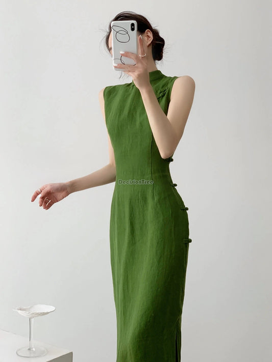 2025 vintage natural literature art dress chinese style daily improved leisure qipao sexy sleeveless waist cinching slit qipao