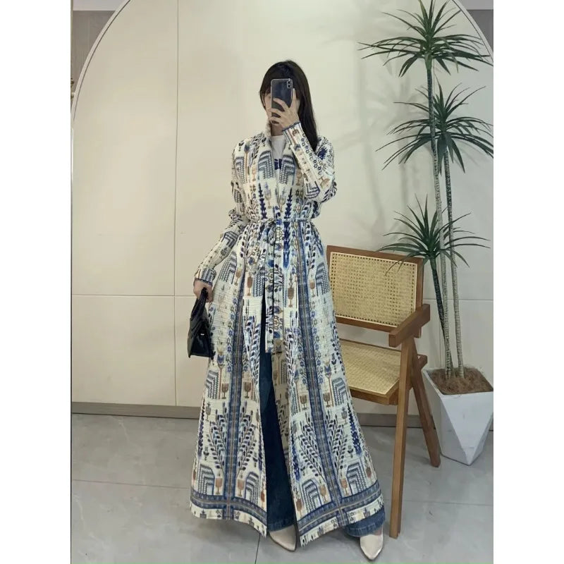 Pleated Long Trench Coat | Elegant Cape-Print Robe Coat