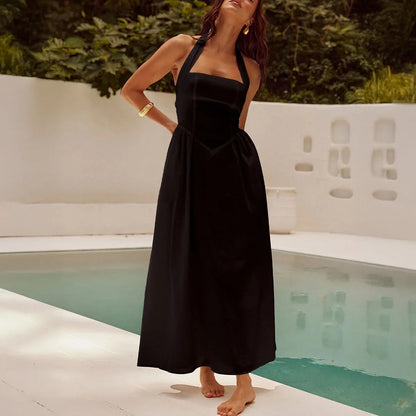 2025 Spring Summer Casual Vacation Solid Color High Waist Sleeveless Hanging Neck Dresses for Women Dress Women Female Clothing