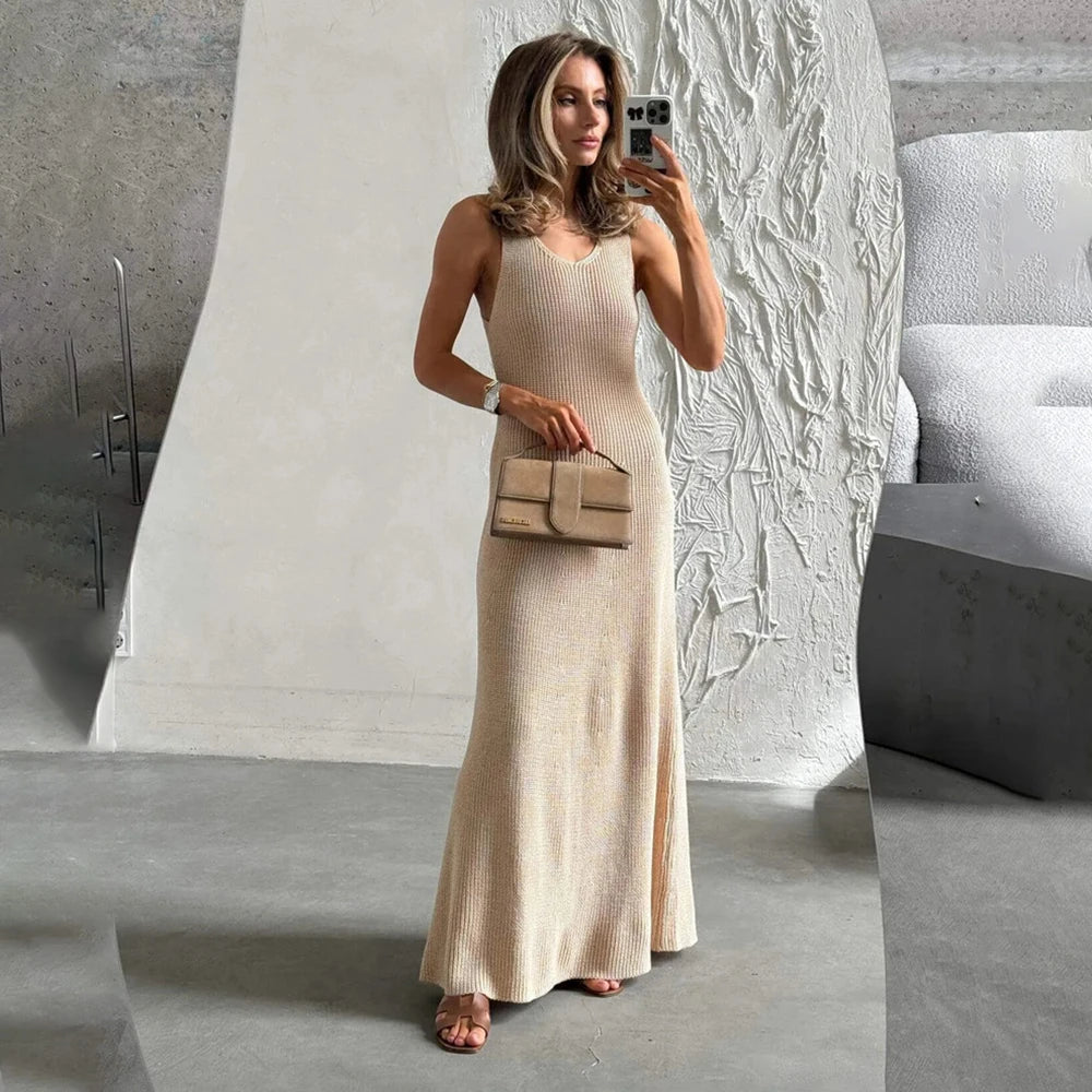 Knit Long Dress | Sleeveless High Waist Backless Halter Maxi Dress