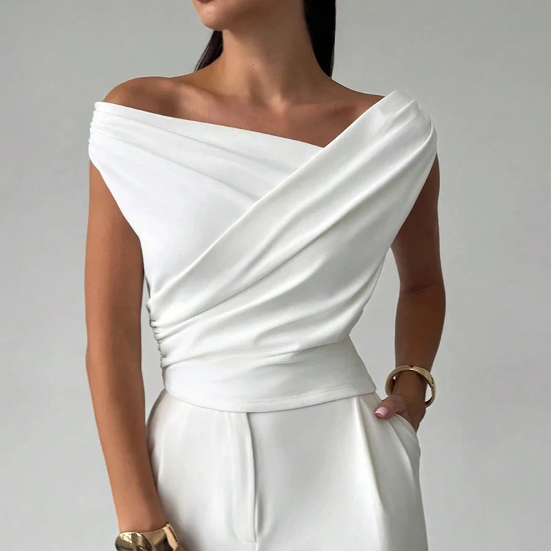 Elegant Slash Neck Sleeveless Tops | Simple T-Shirts