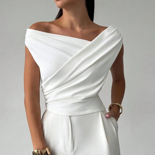 Elegant Slash Neck Sleeveless Tops | Simple T-Shirts