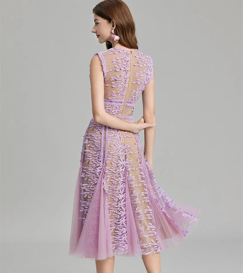 Luxury Mesh Embroidered Flower Midi Dress – Women’s Sleeveless O-Neck Lace