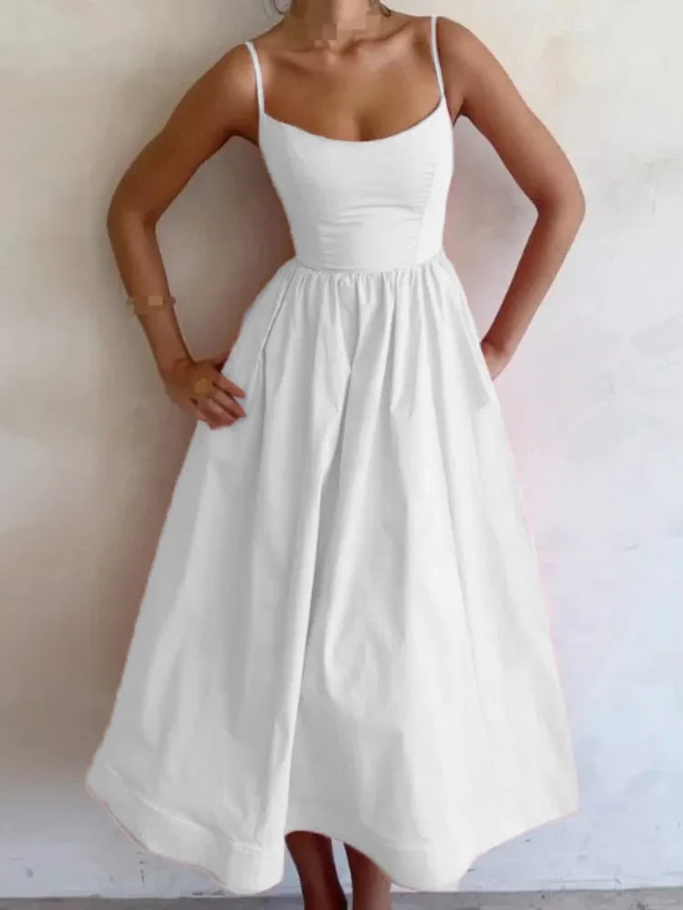 Spaghetti Strap Midi Dress U-Neck Sleeveless Solid A-Line