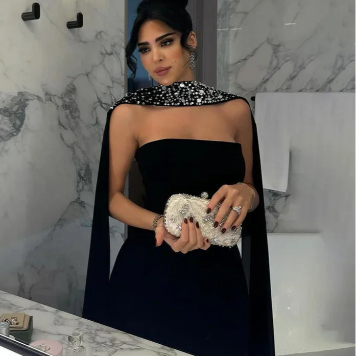 Luxury Strapless Column Prom Dress with Beadings & Elegant Long Sleeves