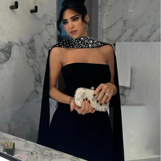 Luxury Strapless Column Prom Dress with Beadings & Elegant Long Sleeves