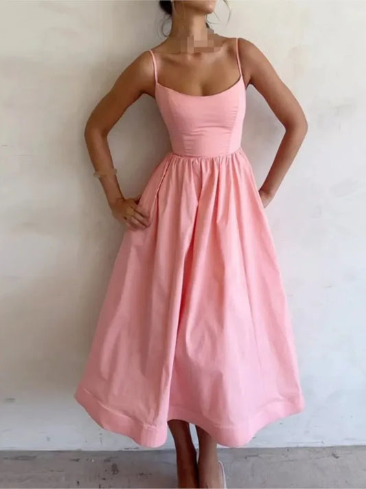 Spaghetti Strap Midi Dress U-Neck Sleeveless Solid A-Line