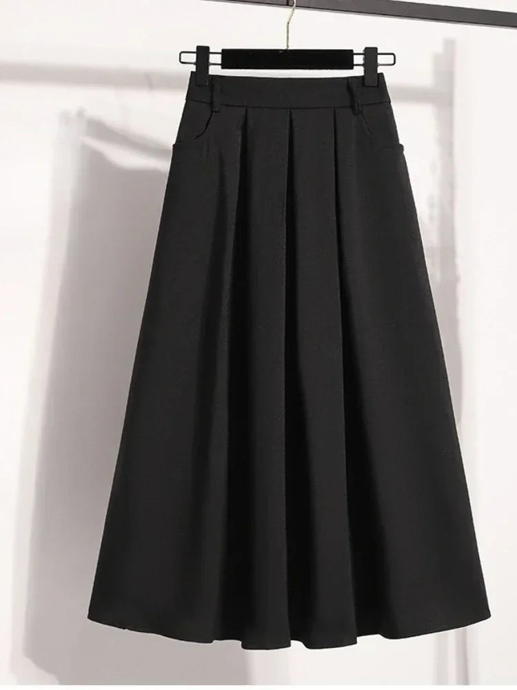Solid Color Pleated A-Line Skirt – Plus Size Medium Length Half Skirt
