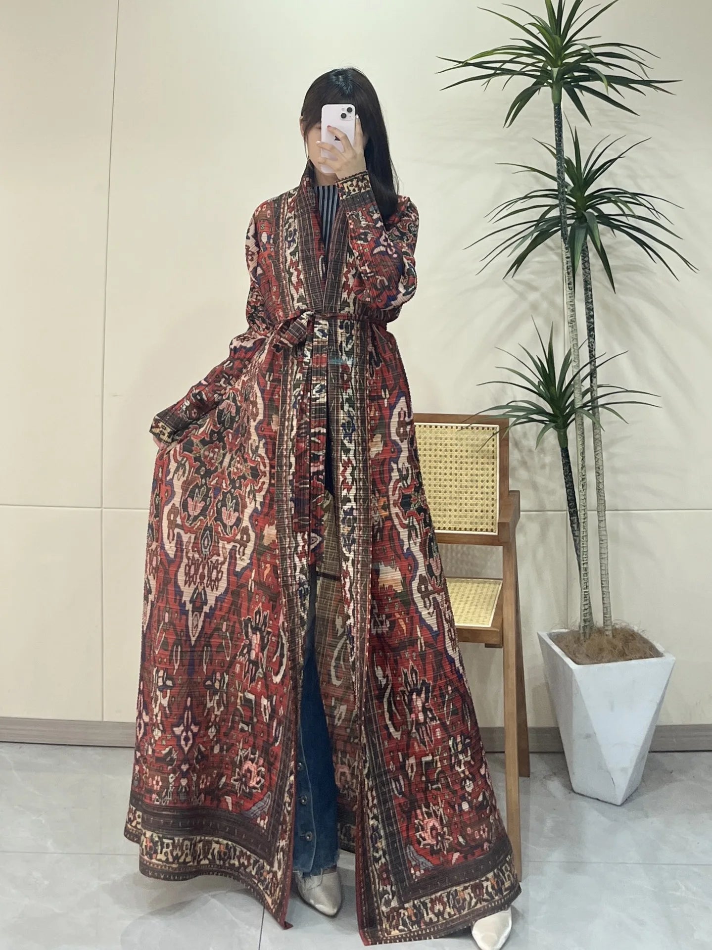 Printed Pleated Coat with Belt | Loose Long Contrast Color Coat