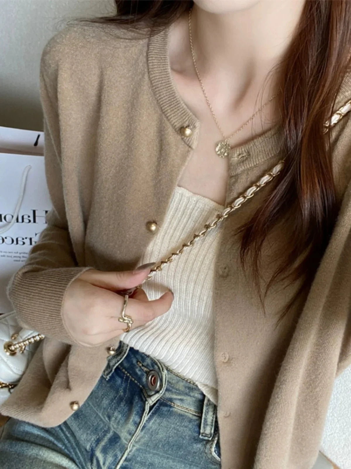 Korean-style Solid Color Cardigan | Knit Round Neck Long Sleeve