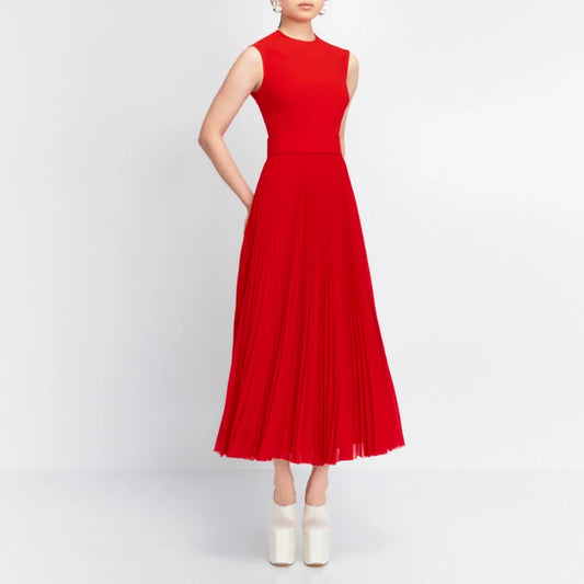 Red Solid Slimming Spliced Fold Dress – Sleeveless Round Neck
