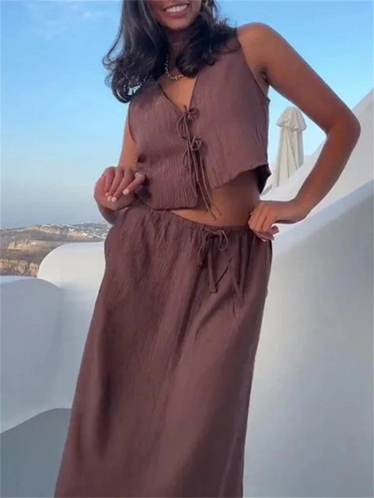 Vintage Solid Midi Skirt & Bow Cropped Vest Top