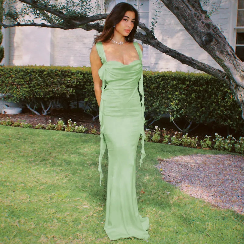 Ribbon Backless Maxi Dress – Women’s Sexy Sleeveless Split Gown