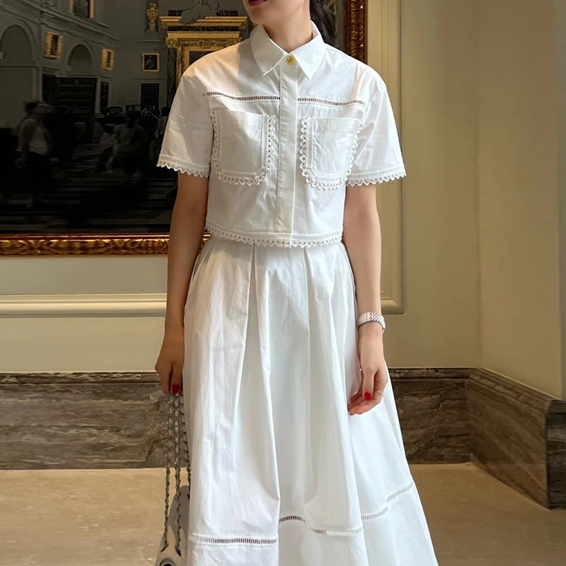 High Waist Flared Skirt & Pearl Embellished Ruffle Collar Top