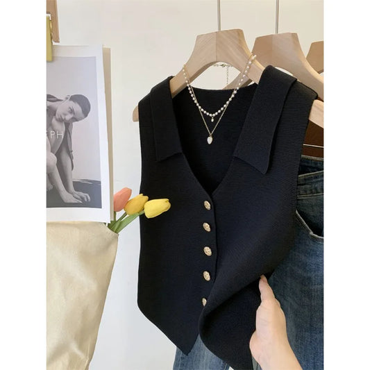 2025 Summer New Women's Vest   Pure Color V-Neck Loose Chiffon Sleeveless Twisted Button Top Blouse Shirt