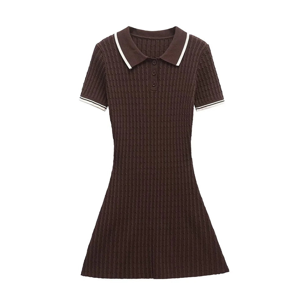 Brown ribbed dress with white trim on a white background