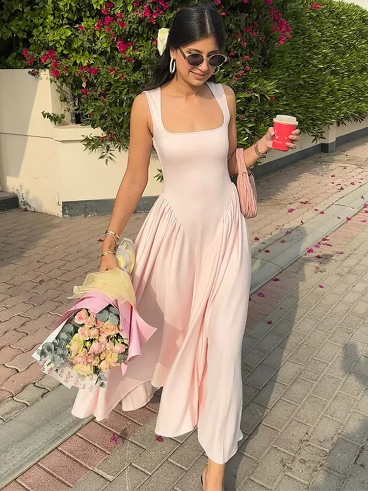 Elegant Pleated Square Neck Sleeveless Slim A-Line Maxi Dress