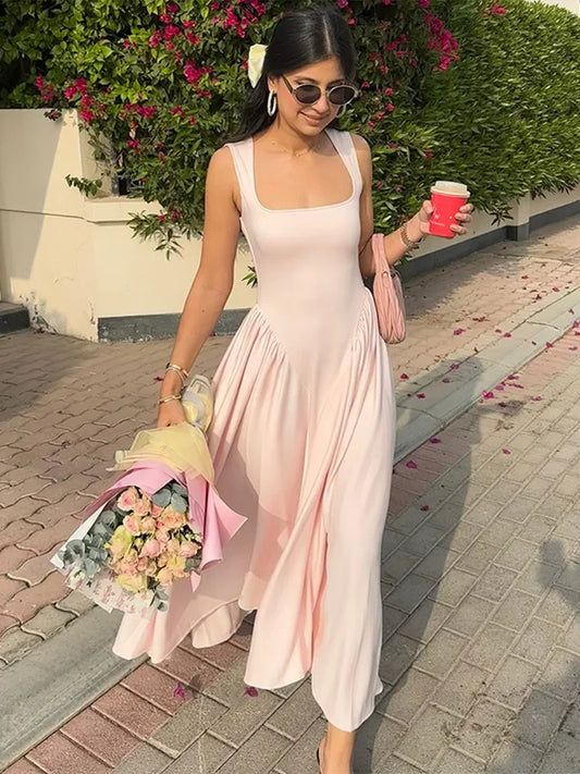 Elegant Pleated Square Neck Sleeveless Slim A-Line Maxi Dress