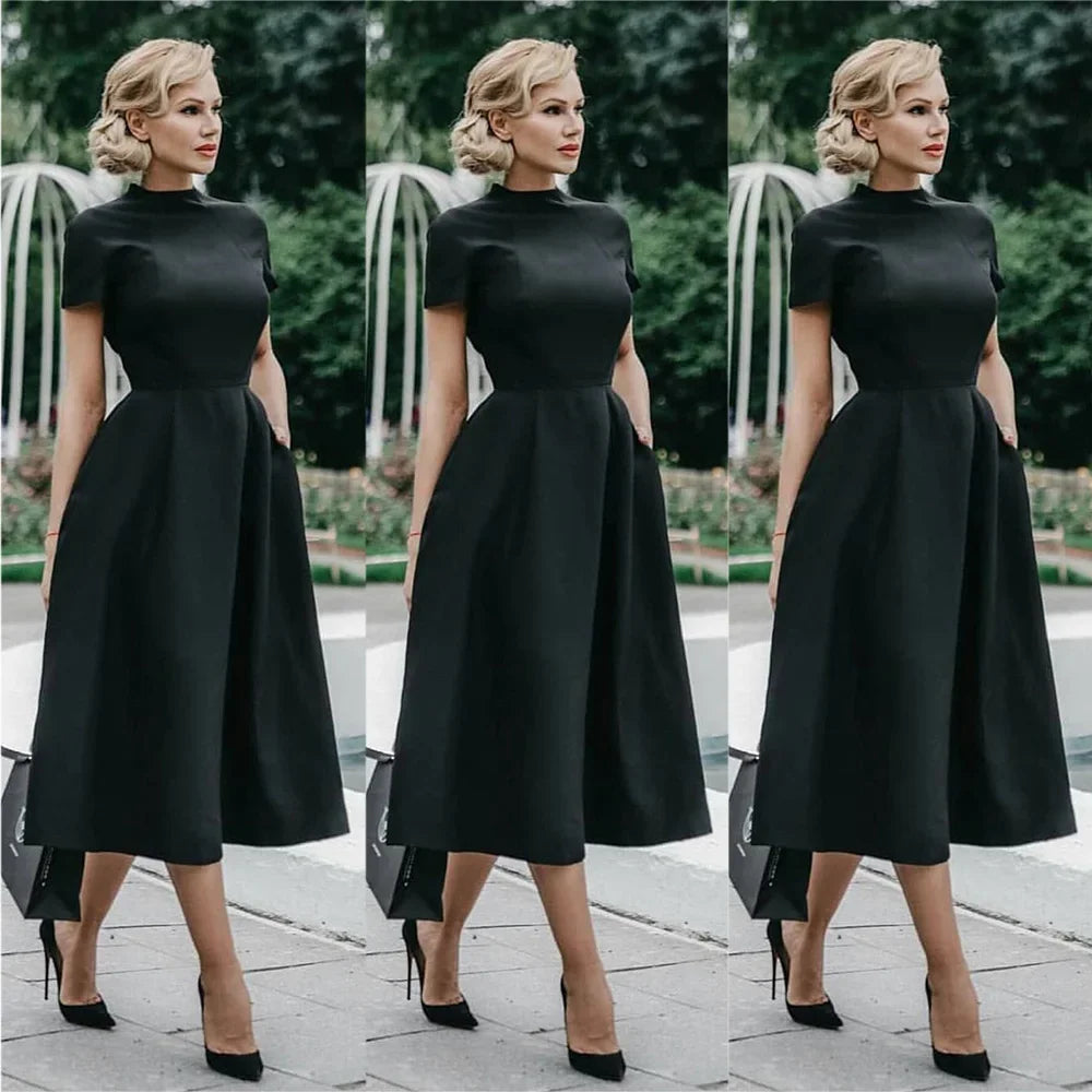 2024 Women Elegant Black Dress Half High Collar High Waist A-Line Dresses Slim Fit Dress Office Lady Female Solid Vestidos