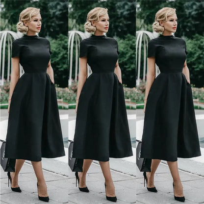 2024 Women Elegant Black Dress Half High Collar High Waist A-Line Dresses Slim Fit Dress Office Lady Female Solid Vestidos