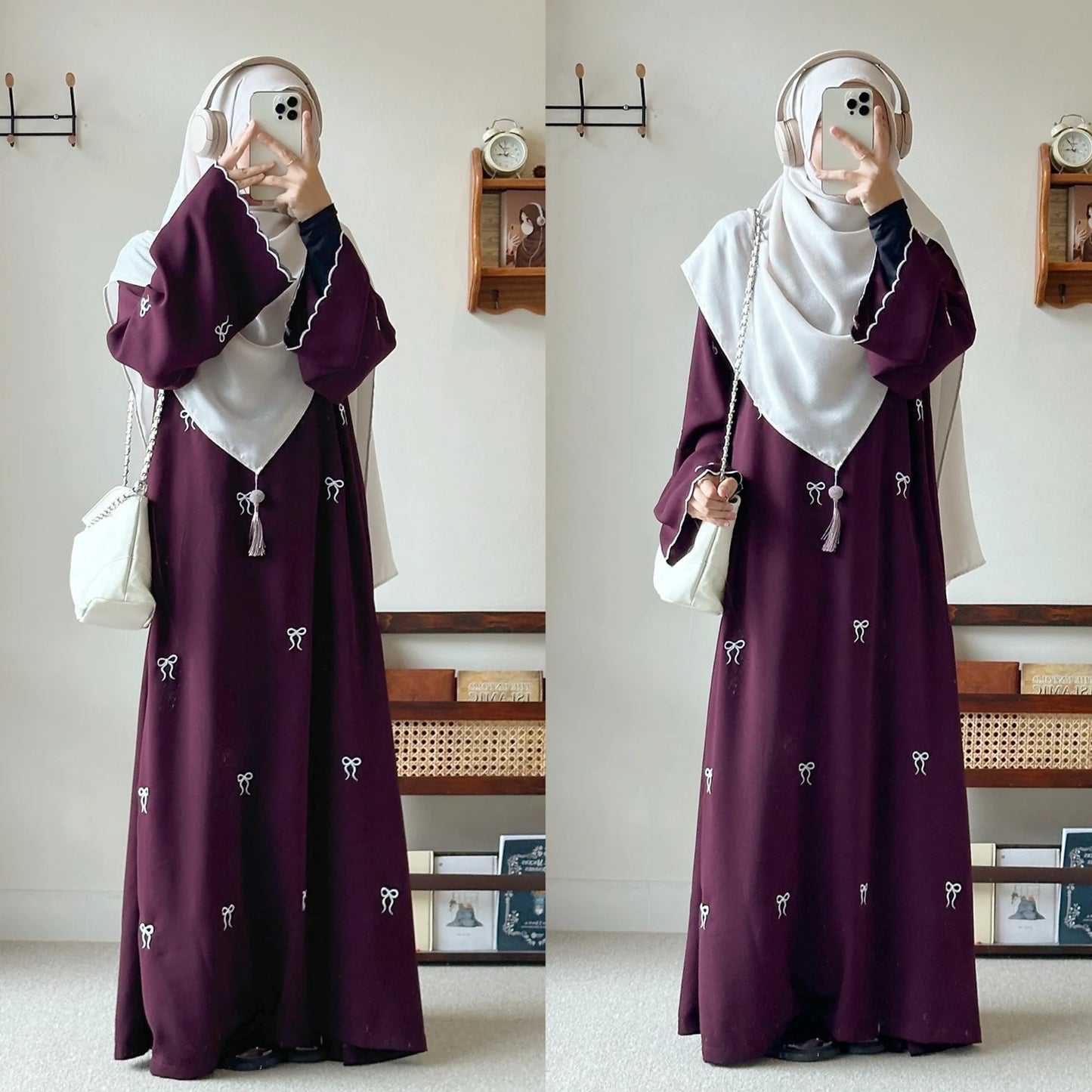 Purple dress with white details worn by a person in a room.