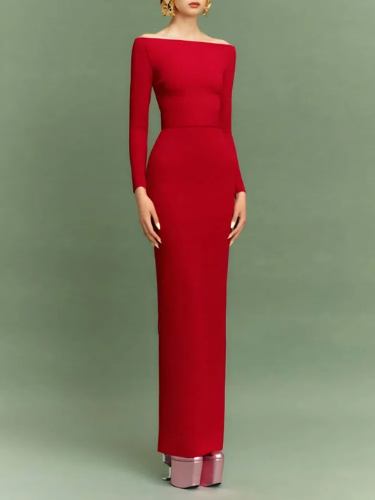 Elegant Red Off-Shoulder Satin Dress | Long Sleeve Form-Fitting