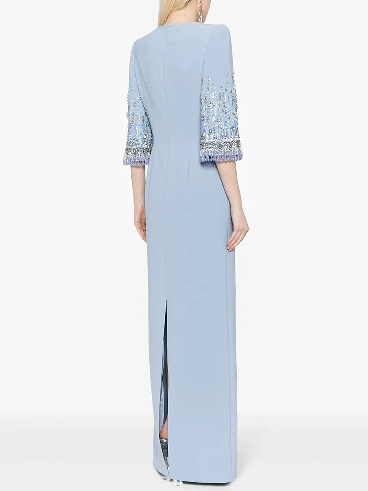 HIGH STREET Newest Fashion 2025 S/S Designer Vestido Women's Half Sleeve Stunning Beaded  Long Maxi Dress